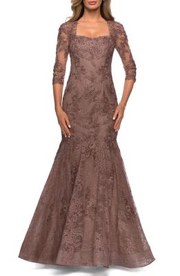 La Femme Floral Lace & Tulle Mermaid Gown in Cocoa