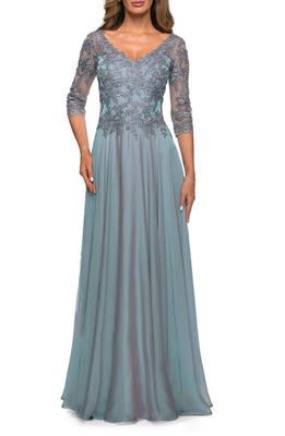 La Femme Lace Bodice Chiffon A-Line Gown in Slate Blue