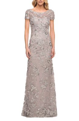 La Femme Lace Column Gown in Lavender/Gray