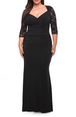 La Femme Lace Sleeve Ruched Trumpet Gown in Black