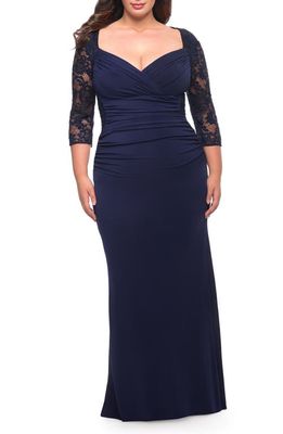 La Femme Lace Sleeve Ruched Trumpet Gown in Navy