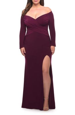 La Femme Long Sleeve Jersey Gown in Dark Berry