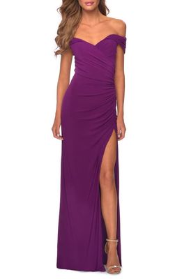La Femme Off the Shoulder Jersey Gown in Purple