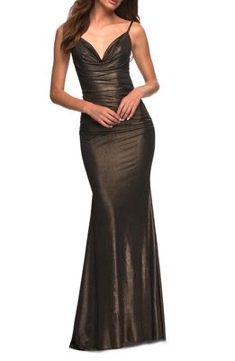 La Femme Open Back Metallic Jersey Gown in Black/Gold