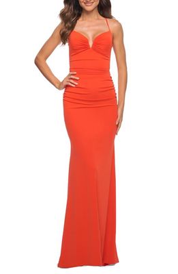 La Femme Ruched Jersey Gown in Papaya
