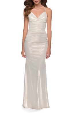La Femme Ruched Jersey Gown in White/Gold