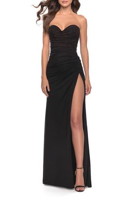 La Femme Ruched Strapless Gown in Black