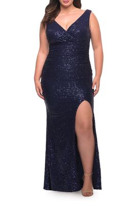 La Femme Ruched Stretch Sequin Gown in Navy