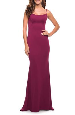 La Femme Sleeveless Jersey Gown with Train in Burgundy