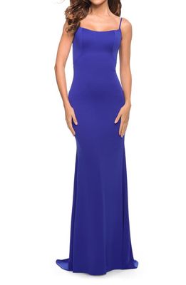 La Femme Sleeveless Jersey Gown with Train in Royal Blue