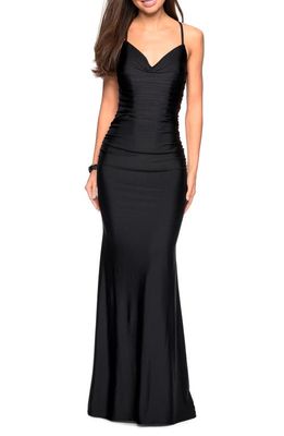 La Femme Strappy Back Ruched Trumpet Gown in Black