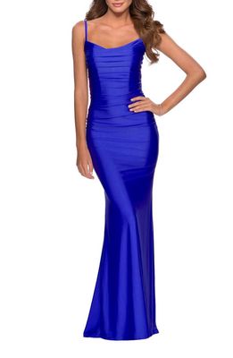 La Femme Strappy Back Ruched Trumpet Gown in Royal Blue