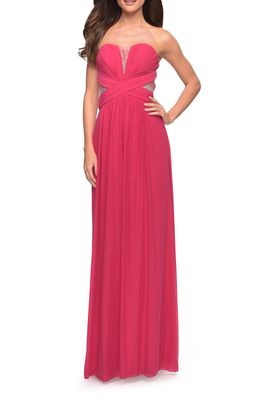 La Femme Stunning Beaded Strapless Mesh & Jersey Gown in Raspberry