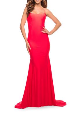 La Femme Stunning Low Back Jersey Gown in Hot Coral