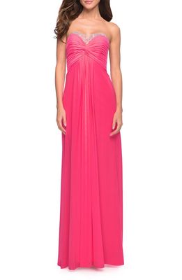 La Femme Stunning Strapless Beaded Mesh & Jersey Gown in Flamingo Pink