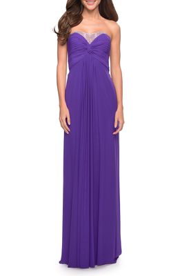 La Femme Stunning Strapless Beaded Mesh & Jersey Gown in Royal Purple