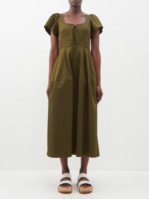 La Ligne - Liv Puff-sleeve Lace-up Cotton Midi Dress - Womens - Dark Olive
