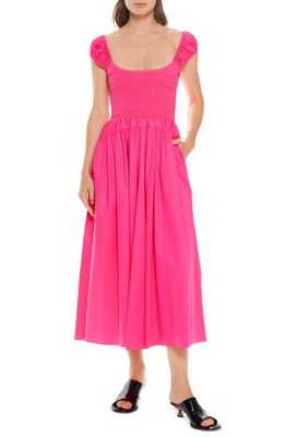 La Ligne Smock Bodice Cap Sleeve Cotton Dress in Hot Pink