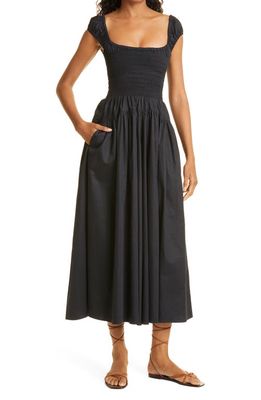 La Ligne Smocked Bodice Cap Sleeve Cotton Midi Dress in Black