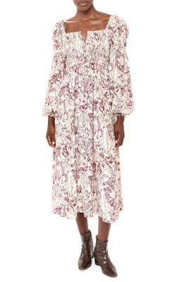 La Ligne Square Neck Long Sleeve Floral Midi Dress in Cream/Burgundy
