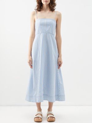 La Ligne - Tie-back Striped Twill Midi Dress - Womens - White Blue