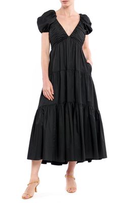 La Ligne Tiered Puff Sleeve Midi Dress in Black