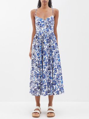 La Ligne - Tracy Floral-print Cotton Midi Dress - Womens - White Blue