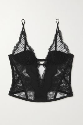 La Perla - Honeycomb Shadows Cutout Leavers Lace, Tulle And Stretch-silk Bustier Top - Black