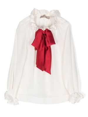 La Stupenderia pussy-bow ruffled silk blouse - White