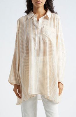 La Vie Style House Abstract Stripe Oversize Cotton Shirt in Tan White 