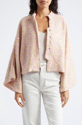 La Vie Style House Daisy Sequin Bell Sleeve Crop Jacket in Peach Pink 