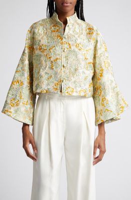 La Vie Style House Embroidered Metallic Floral Crop Jacket in Gold/Sage