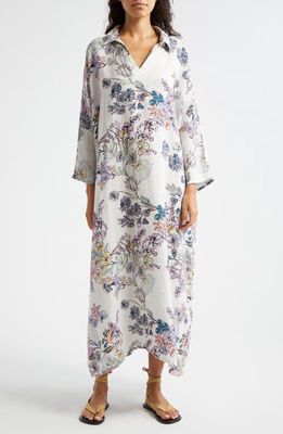 La Vie Style House Everyday Floral Long Sleeve Linen Cover-Up Caftan in White Blue Multi 