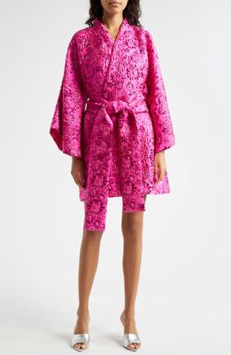 La Vie Style House Floral Brocade Long Sleeve Cover-Up Wrap Minidress in Magenta 