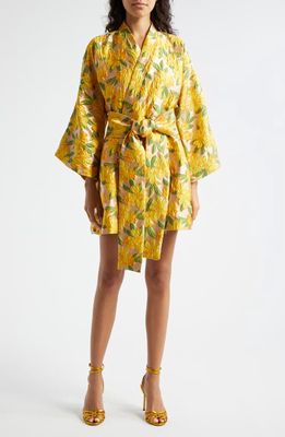 La Vie Style House Floral Brocade Long Sleeve Cover-Up Wrap Minidress in Yellow Gold Multi 