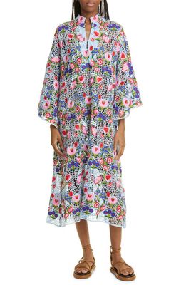 La Vie Style House Floral Open Stitch Long Sleeve Cover-Up Dress in Light Blue