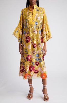 La Vie Style House Floral Sequin Three-Quarter Sleeve Caftan in Yellow/Rose
