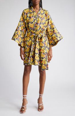 La Vie Style House Metallic Floral Belted Cover-Up Caftan in Yellow/Navy/Coral