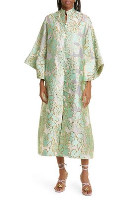 La Vie Style House Metallic Floral Brocade Cover-Up Caftan in Mint/Gold