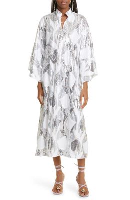 La Vie Style House Sequin Tulip Long Sleeve Cover-Up Caftan in Silver/White