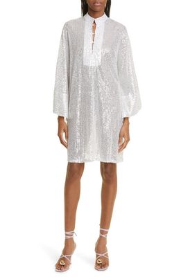 La Vie Style House Sheer Sequin Long Sleeve Cover-Up Caftan in Silver
