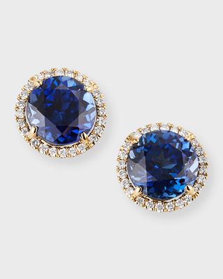 Lab Grown Blue Sapphire and Diamond Halo Stud Earrings