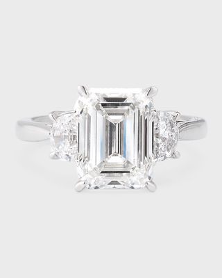 Lab Grown Diamond 18K White Gold Emerald Cut and Half Moon Ring, Size 7