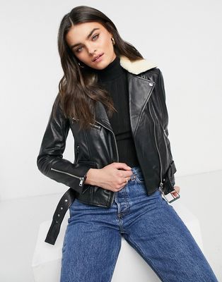Lab Leather fur collar biker jacket-Black