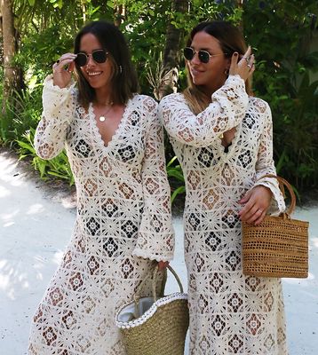 Labelrail x Collyer Twins crochet deep v maxi dress in cream with scrunchie-White