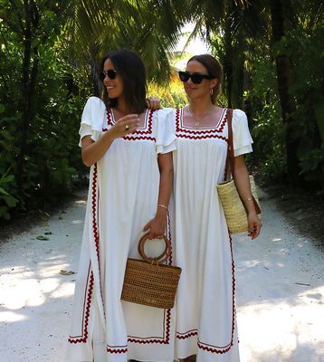 Labelrail x Collyer Twins rik-rak trim oversized kaftan dress in beige and red-White