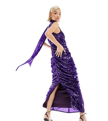 Labelrail x Dyspnea drape detail sequin maxi dress in purple