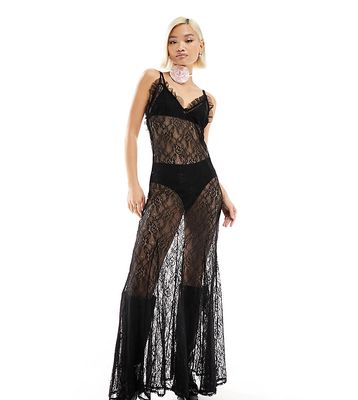 Labelrail x Dyspnea sheer lace maxi cami dress with godet detail in black