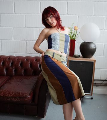 Labelrail x Lara Adkins patchwork corduroy awkward length skirt in multi - part of a set