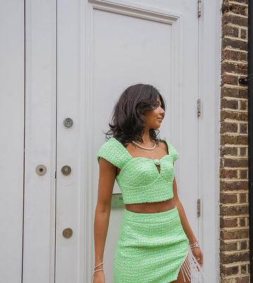 Labelrail x Pose and Repeat mini skirt in green boucle with diamante trim curtain - part of a set